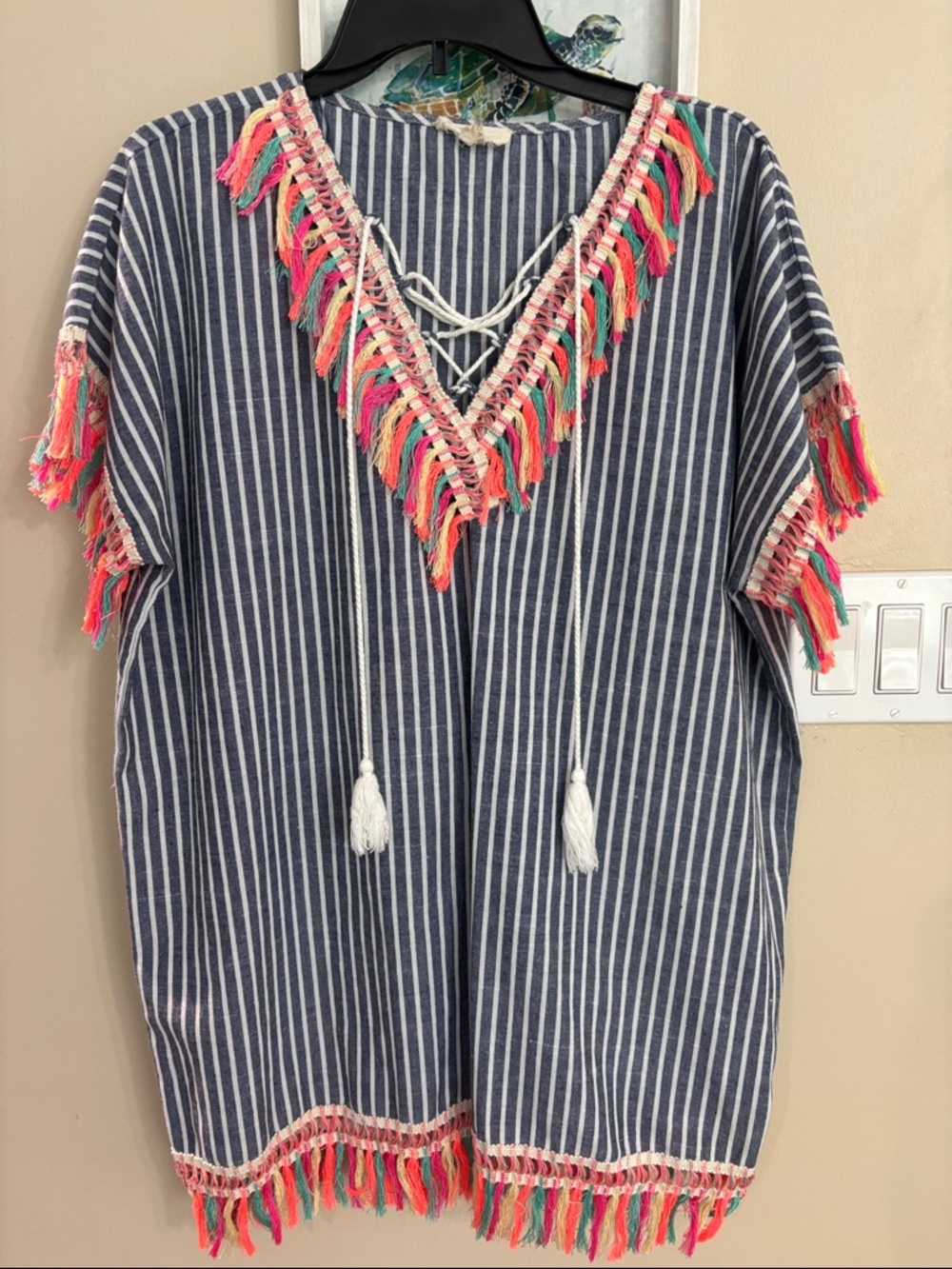 Entro Striped Navy Fringe V-Neck Women's Top with Multicolor Tassels